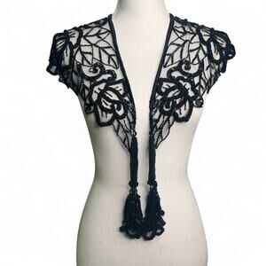 Vintage 90s Beaded Sequin Shawl Collar Black Floral Western Wrap Rodeo Showgirl